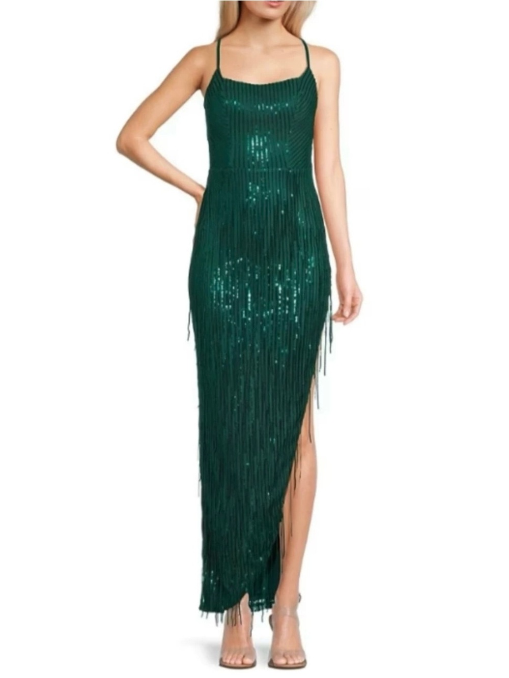 NWT Dark green sequins tassels slip dress gown wedding host party